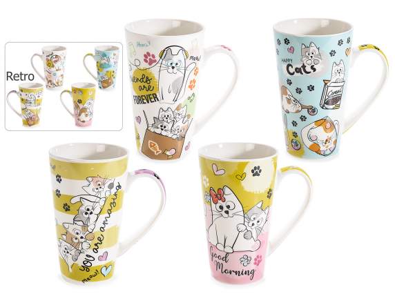 Porcelain mug with Happy Cats design and printed handles